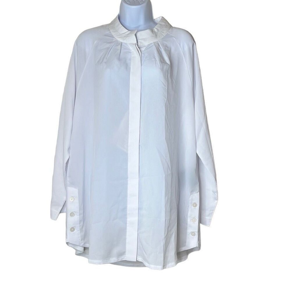 Alpha Studio M/L Button Front Blouse White Crepe Sheer Long Sleeve NWT Oversized